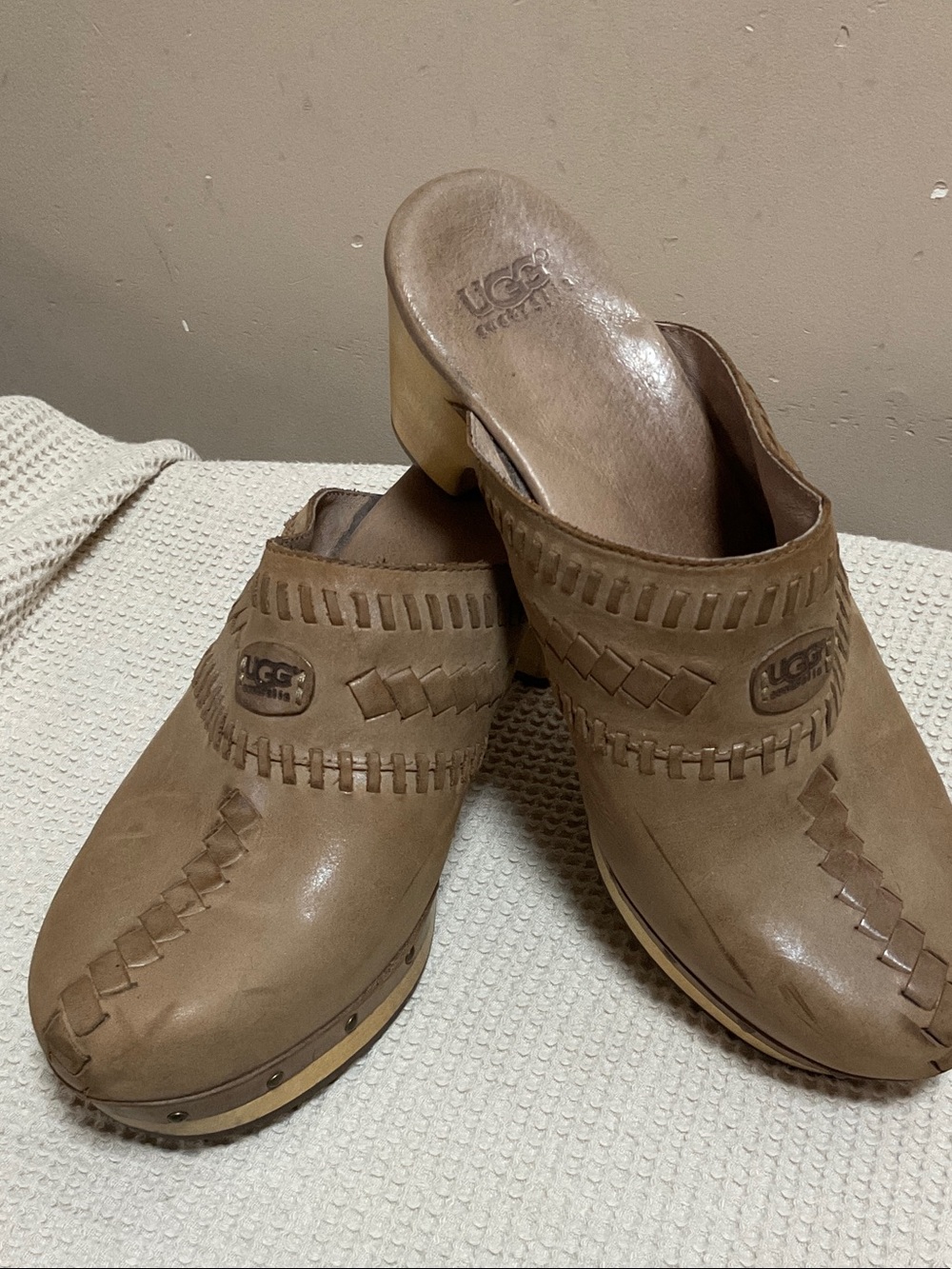 UGG Brown Leather Woven Clog Mules